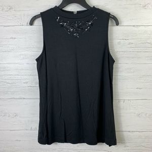 Loft Top Solid Black Sleeveless Embellished Mock M